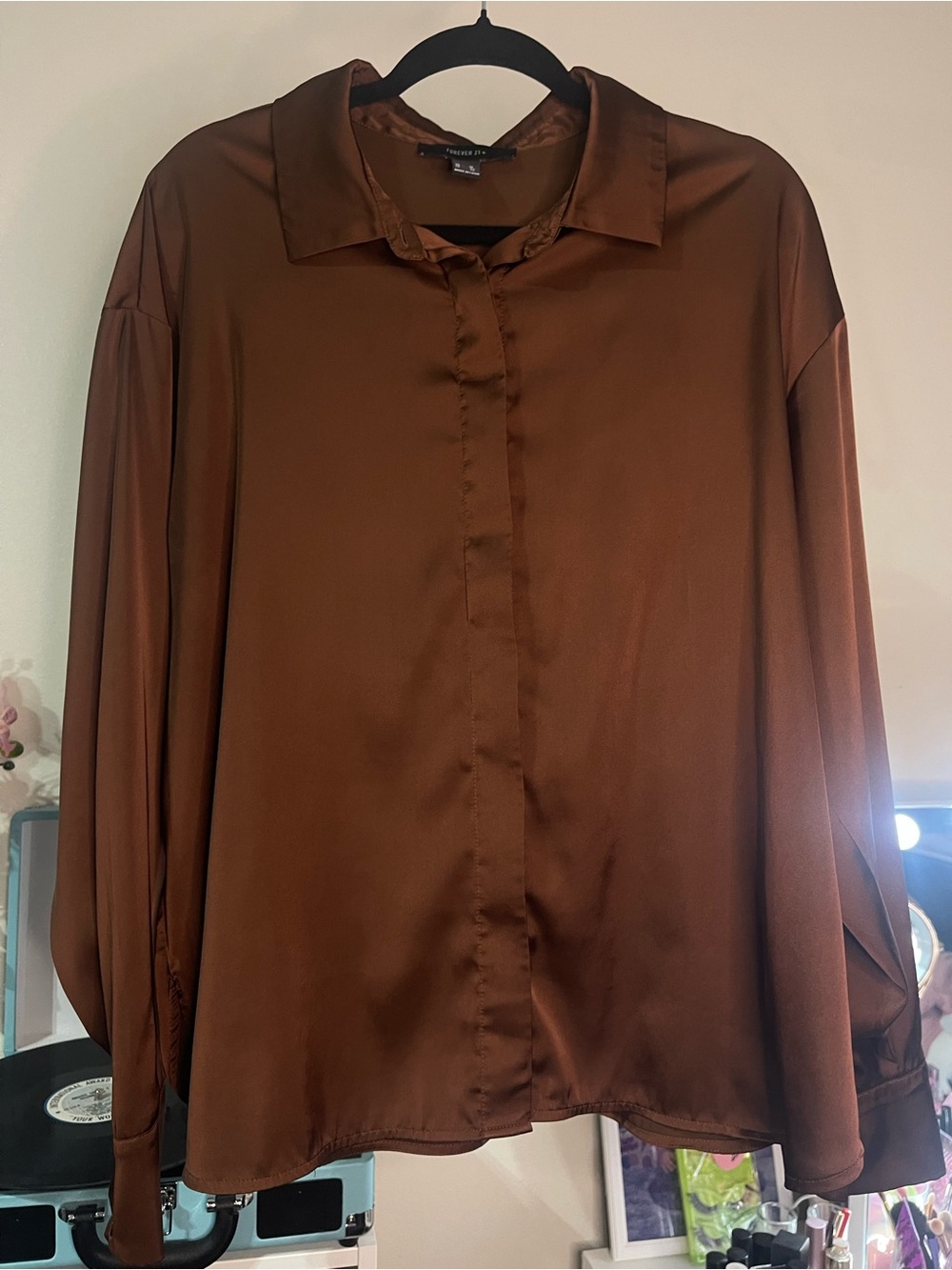 Women’s Satin Button-Up Shirt in Brown